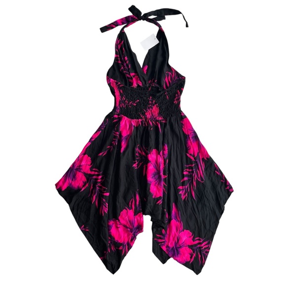 Tropical Women’s OS Pink, Purple Black Hibiscus Floral Halter Handkerchief Dress - Picture 2 of 16